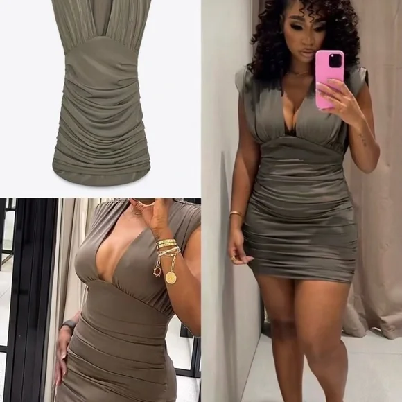 Zara NWT Khaki Olive Green Plunge Neck Ruched Shoulder Pad Mini Dress (Small) - Picture 11 of 12